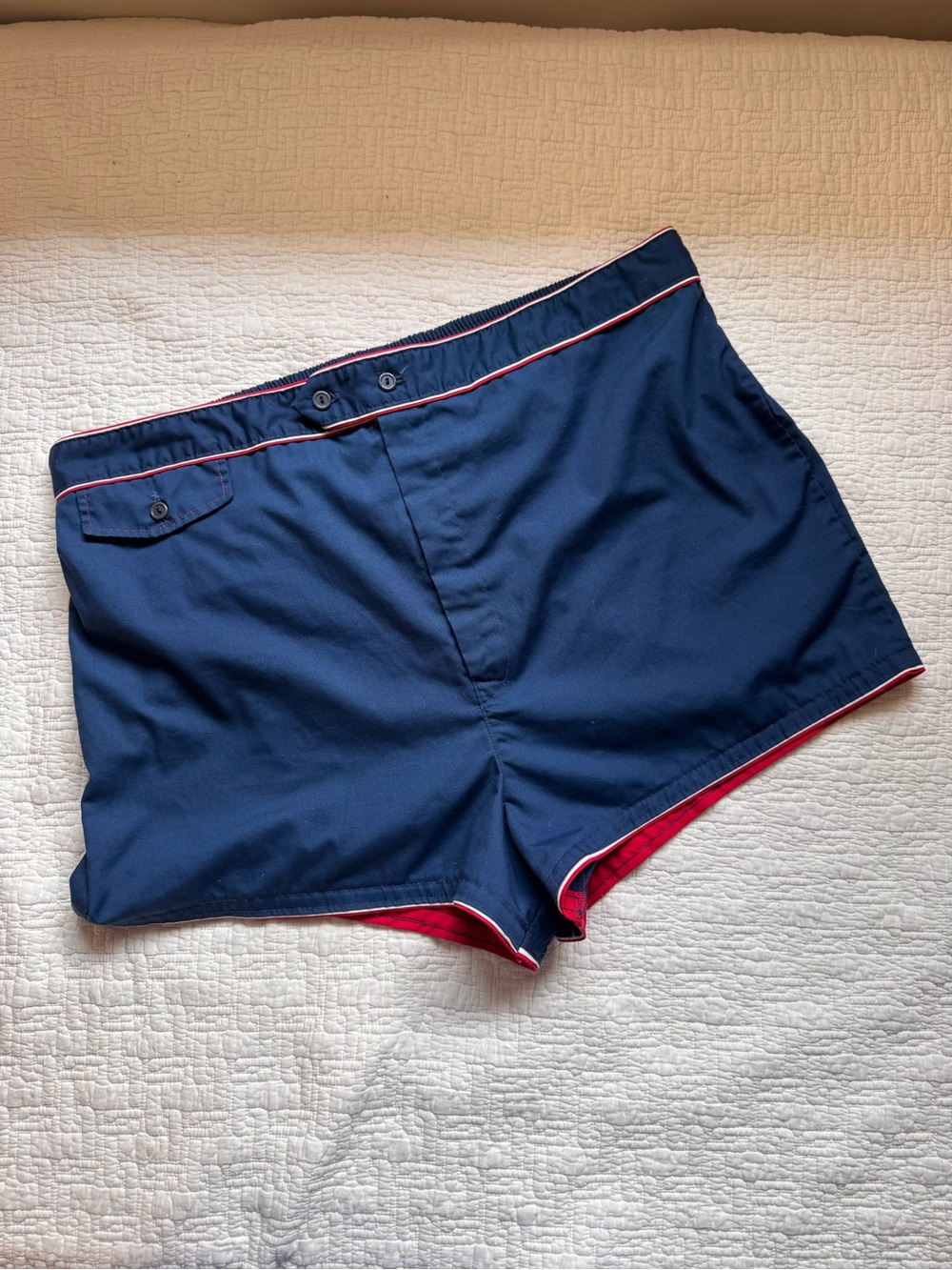 Vintage Laguna Navy Blue Retro Swim Shorts with Red Trim